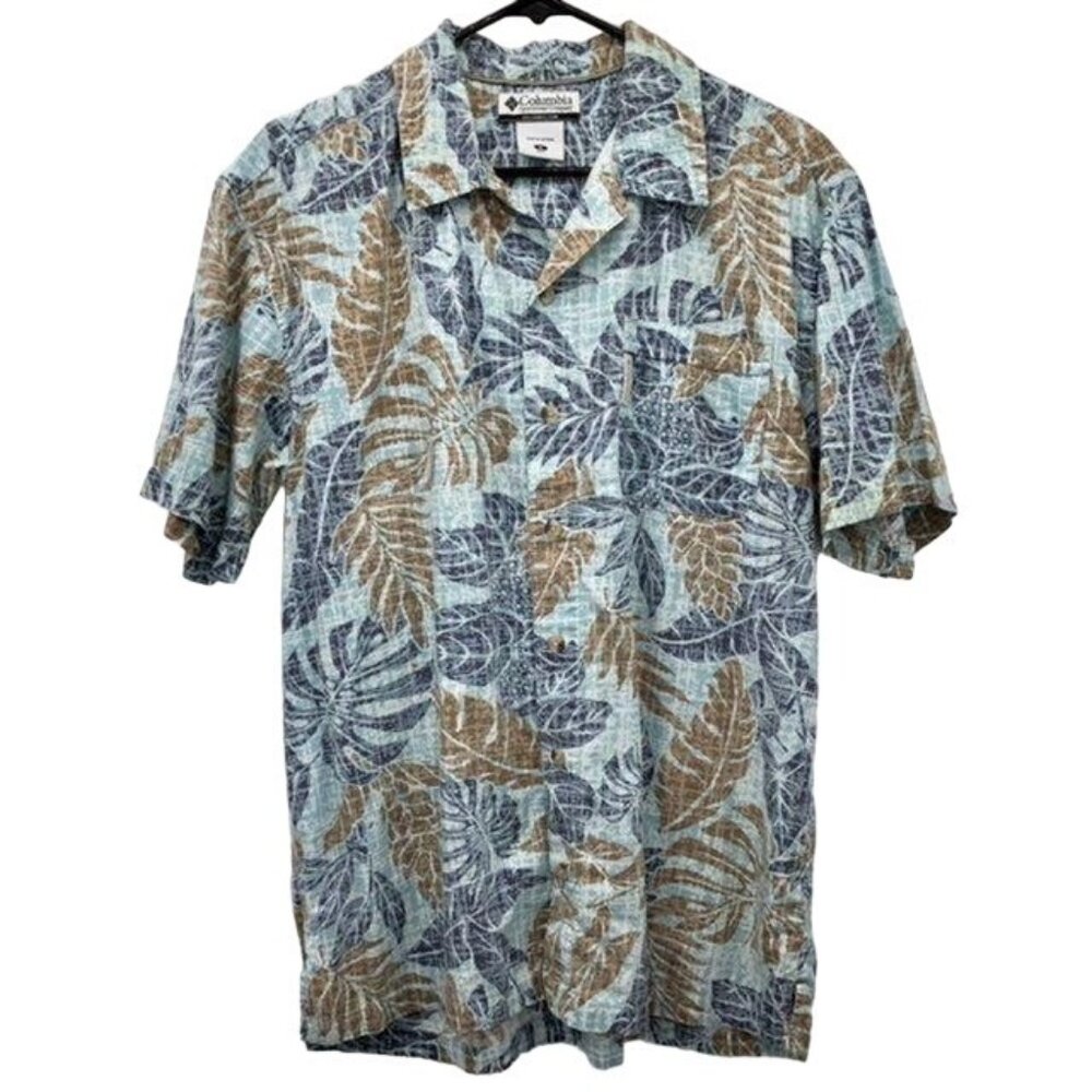 Columbia Camp Shirt Mens M Blue Tan Leaf Print Hawaiian Casual Summer Travel Y2K